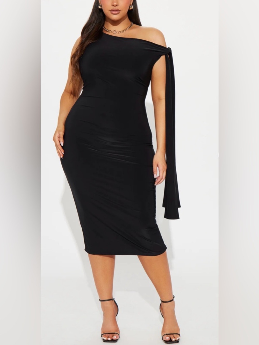 One-Shoulder Black Midi Dress with Draped Tie -